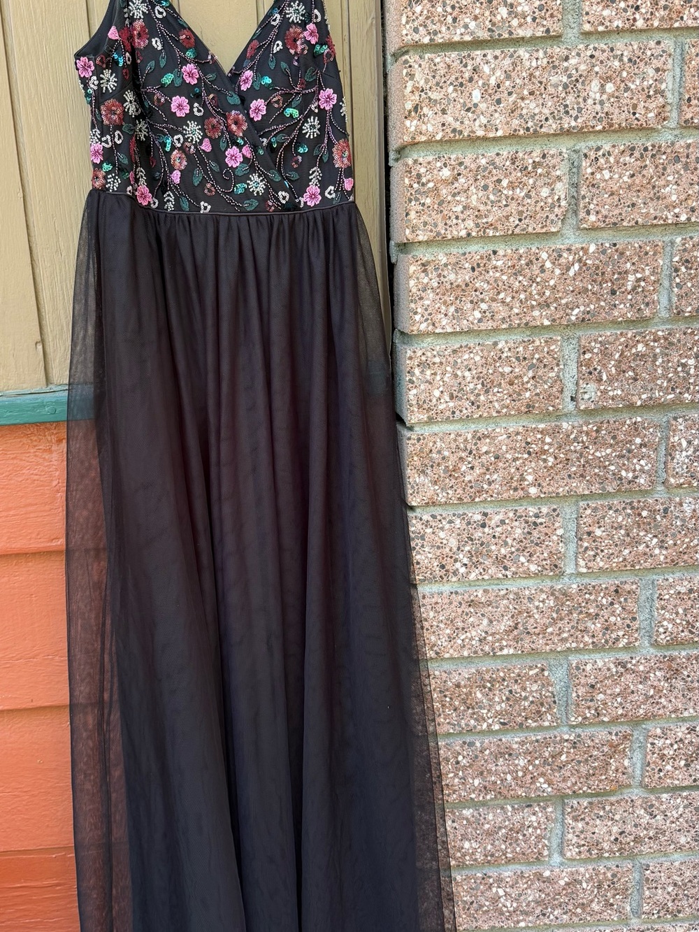 City Studio Black Maxi Dress with Pink & Green Floral Embroidery